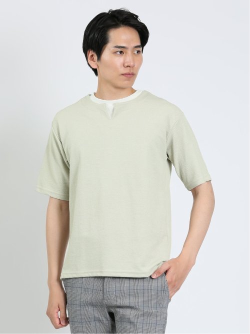 鹿の子 フェイクキーネック半袖Tシャツ