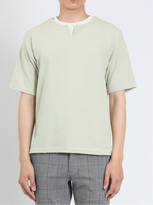 鹿の子 フェイクキーネック半袖Tシャツ