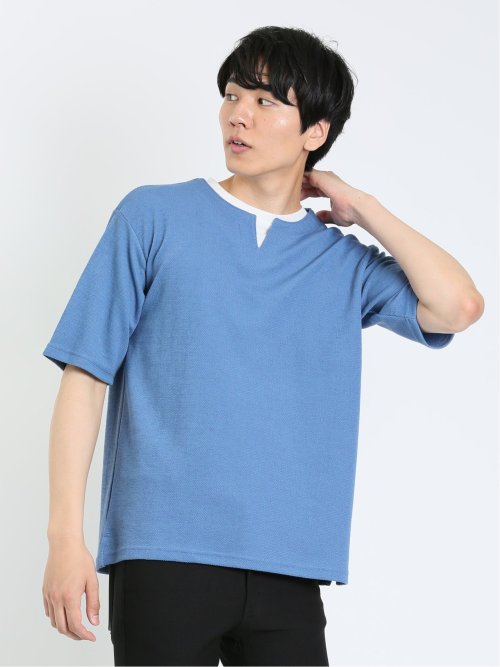 鹿の子 フェイクキーネック半袖Tシャツ