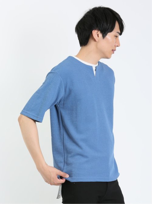 鹿の子 フェイクキーネック半袖Tシャツ