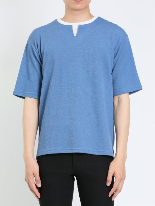 鹿の子 フェイクキーネック半袖Tシャツ