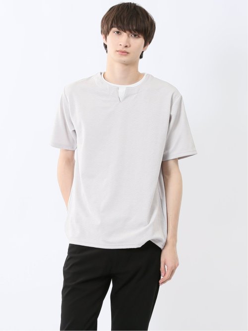 ヘリンボンジャガード キーネック半袖Tシャツ