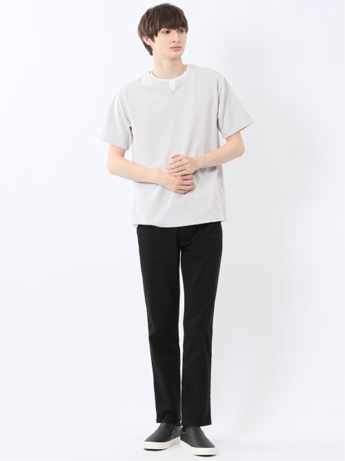 ヘリンボンジャガード キーネック半袖Tシャツ