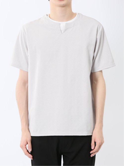 ヘリンボンジャガード キーネック半袖Tシャツ