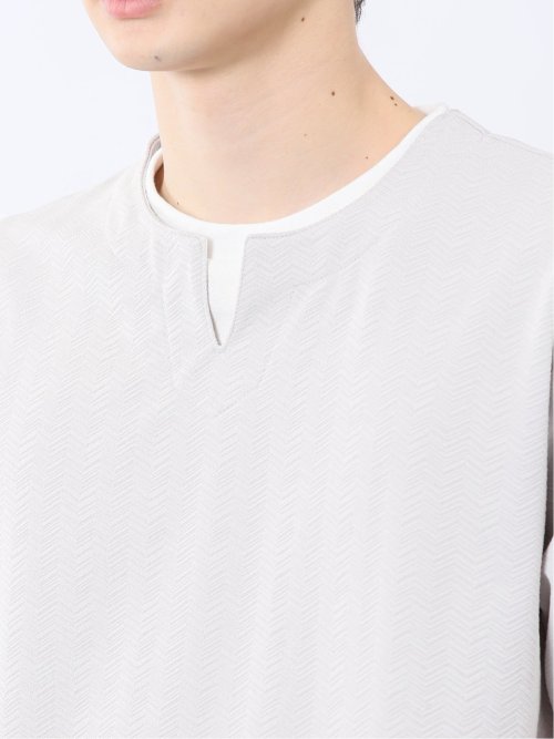ヘリンボンジャガード キーネック半袖Tシャツ
