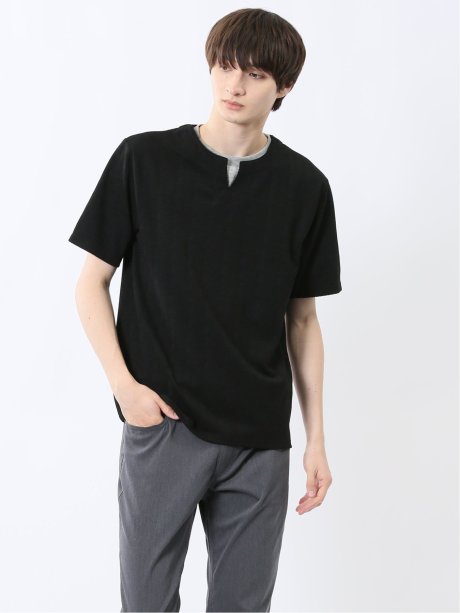 ヘリンボンジャガード キーネック半袖Tシャツ