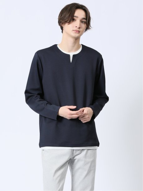 ストレッチ フェイクキーネック長袖Tシャツ