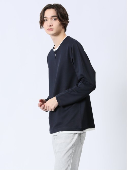 ストレッチ フェイクキーネック長袖Tシャツ