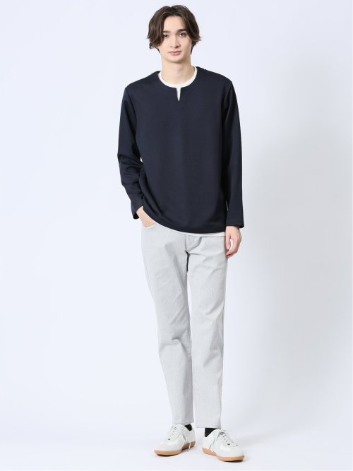 ストレッチ フェイクキーネック長袖Tシャツ