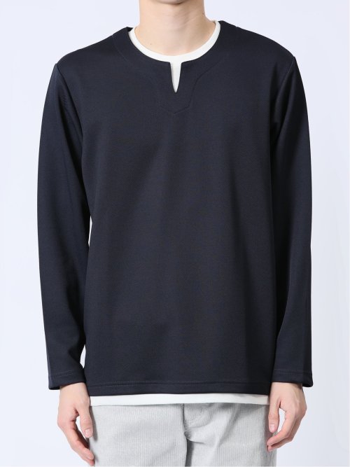 ストレッチ フェイクキーネック長袖Tシャツ