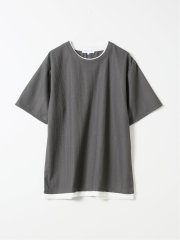 Tシャツ メンズ 半袖 ストレッチ クルーネック レイヤード風 ストライプ ワッフル クリエーションキューブ/CREATION CUBE