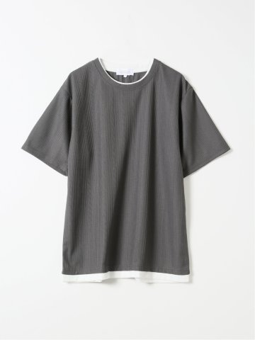 Tシャツ メンズ 半袖 ストレッチ クルーネック レイヤード風 ストライプ ワッフル クリエーションキューブ/CREATION CUBE