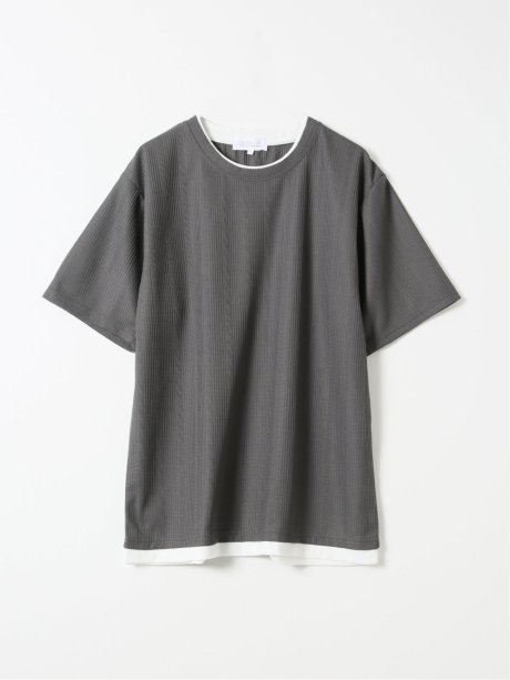 Tシャツ メンズ 半袖 ストレッチ クルーネック レイヤード風 ストライプ ワッフル クリエーションキューブ/CREATION CUBE