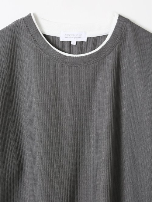 Tシャツ メンズ 半袖 ストレッチ クルーネック レイヤード風 ストライプ ワッフル クリエーションキューブ/CREATION CUBE