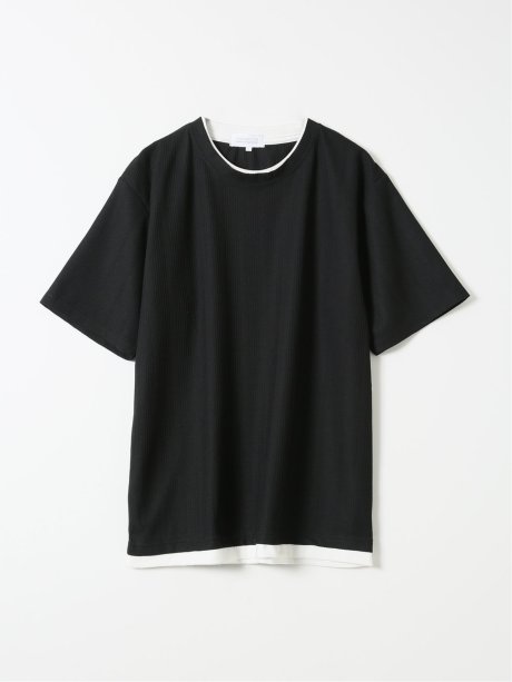 Tシャツ メンズ 半袖 ストレッチ クルーネック レイヤード風 ストライプ ワッフル クリエーションキューブ/CREATION CUBE