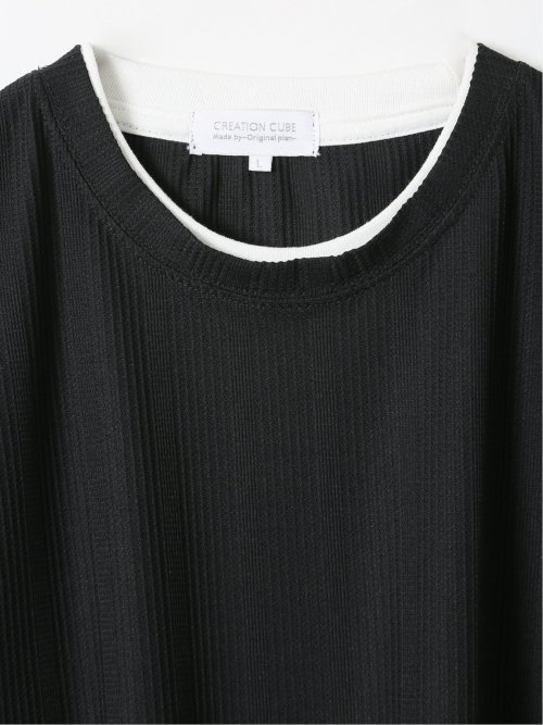 Tシャツ メンズ 半袖 ストレッチ クルーネック レイヤード風 ストライプ ワッフル クリエーションキューブ/CREATION CUBE