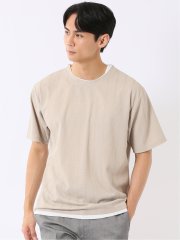 Tシャツ メンズ 半袖 ストレッチ クルーネック レイヤード風 ストライプ ワッフル クリエーションキューブ/CREATION CUBE