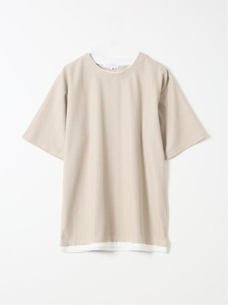 Tシャツ メンズ 半袖 ストレッチ クルーネック レイヤード風 ストライプ ワッフル クリエーションキューブ/CREATION CUBE