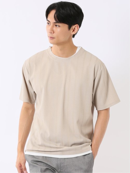 Tシャツ メンズ 半袖 ストレッチ クルーネック レイヤード風 ストライプ ワッフル クリエーションキューブ/CREATION CUBE