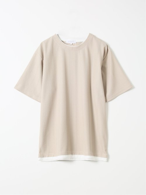 Tシャツ メンズ 半袖 ストレッチ クルーネック レイヤード風 ストライプ ワッフル クリエーションキューブ/CREATION CUBE