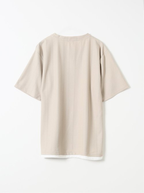 Tシャツ メンズ 半袖 ストレッチ クルーネック レイヤード風 ストライプ ワッフル クリエーションキューブ/CREATION CUBE