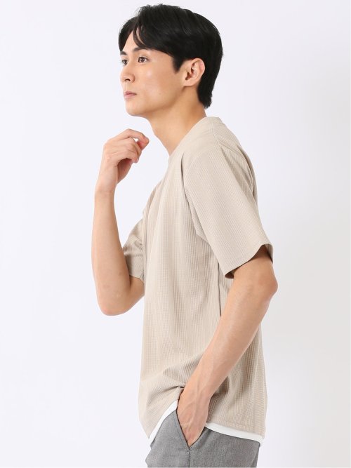 Tシャツ メンズ 半袖 ストレッチ クルーネック レイヤード風 ストライプ ワッフル クリエーションキューブ/CREATION CUBE