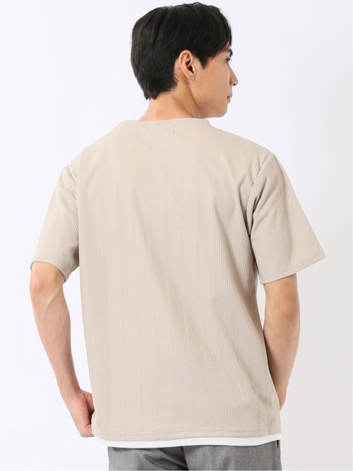 Tシャツ メンズ 半袖 ストレッチ クルーネック レイヤード風 ストライプ ワッフル クリエーションキューブ/CREATION CUBE