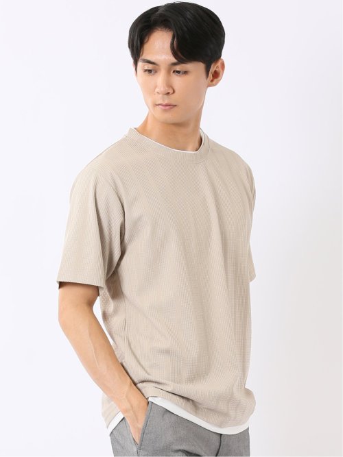Tシャツ メンズ 半袖 ストレッチ クルーネック レイヤード風 ストライプ ワッフル クリエーションキューブ/CREATION CUBE