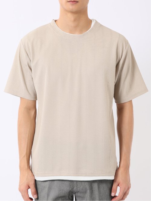 Tシャツ メンズ 半袖 ストレッチ クルーネック レイヤード風 ストライプ ワッフル クリエーションキューブ/CREATION CUBE