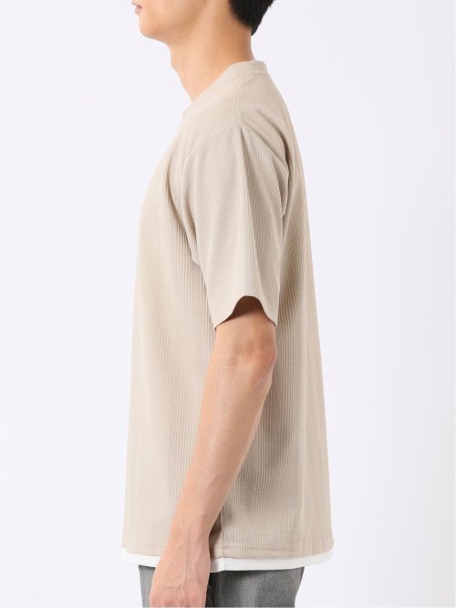 Tシャツ メンズ 半袖 ストレッチ クルーネック レイヤード風 ストライプ ワッフル クリエーションキューブ/CREATION CUBE