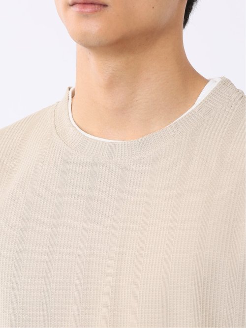 Tシャツ メンズ 半袖 ストレッチ クルーネック レイヤード風 ストライプ ワッフル クリエーションキューブ/CREATION CUBE