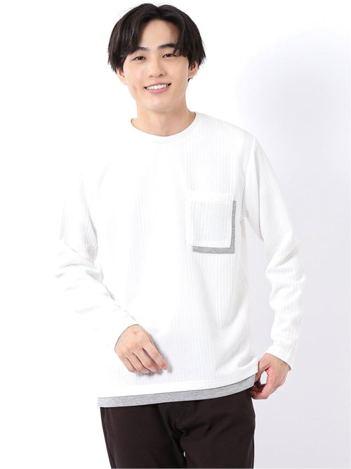 Tシャツ メンズ 長袖 ストレッチ クルーネック フェイクレイヤード 胸ポケット ニット風 ジャガード