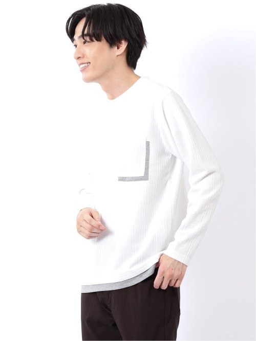 Tシャツ メンズ 長袖 ストレッチ クルーネック フェイクレイヤード 胸ポケット ニット風 ジャガード