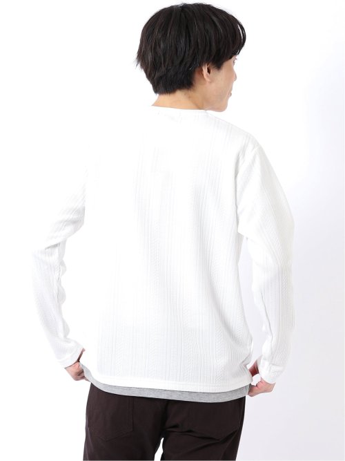 Tシャツ メンズ 長袖 ストレッチ クルーネック フェイクレイヤード 胸ポケット ニット風 ジャガード