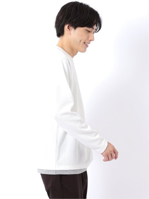 Tシャツ メンズ 長袖 ストレッチ クルーネック フェイクレイヤード 胸ポケット ニット風 ジャガード