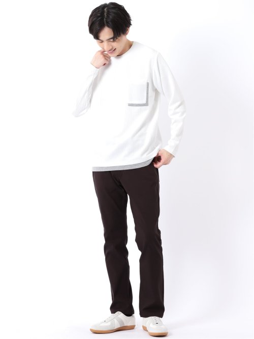 Tシャツ メンズ 長袖 ストレッチ クルーネック フェイクレイヤード 胸ポケット ニット風 ジャガード