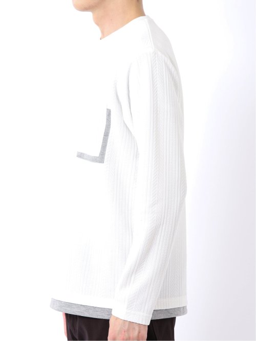 Tシャツ メンズ 長袖 ストレッチ クルーネック フェイクレイヤード 胸ポケット ニット風 ジャガード