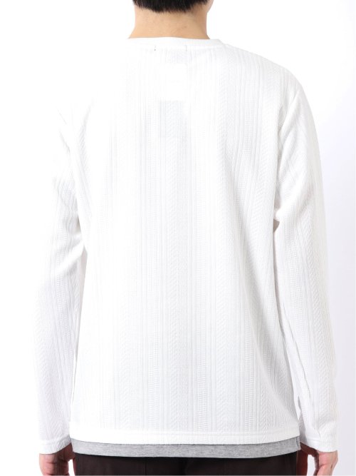 Tシャツ メンズ 長袖 ストレッチ クルーネック フェイクレイヤード 胸ポケット ニット風 ジャガード