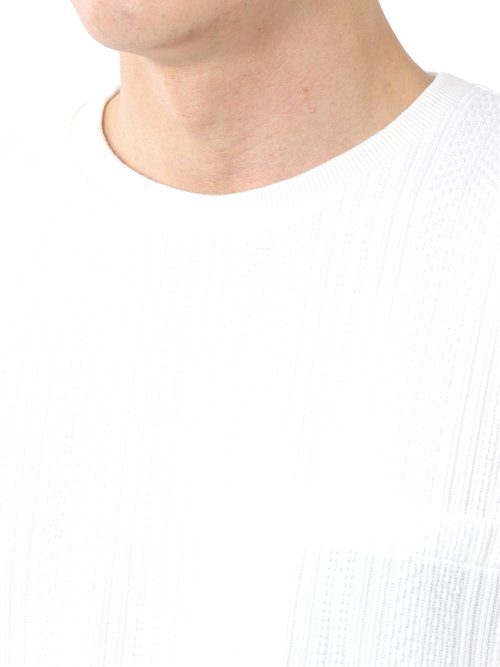 Tシャツ メンズ 長袖 ストレッチ クルーネック フェイクレイヤード 胸ポケット ニット風 ジャガード