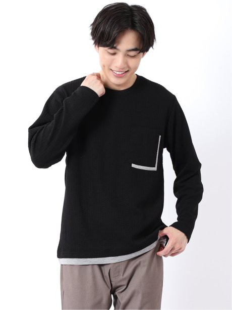 Tシャツ メンズ 長袖 ストレッチ クルーネック フェイクレイヤード 胸ポケット ニット風 ジャガード
