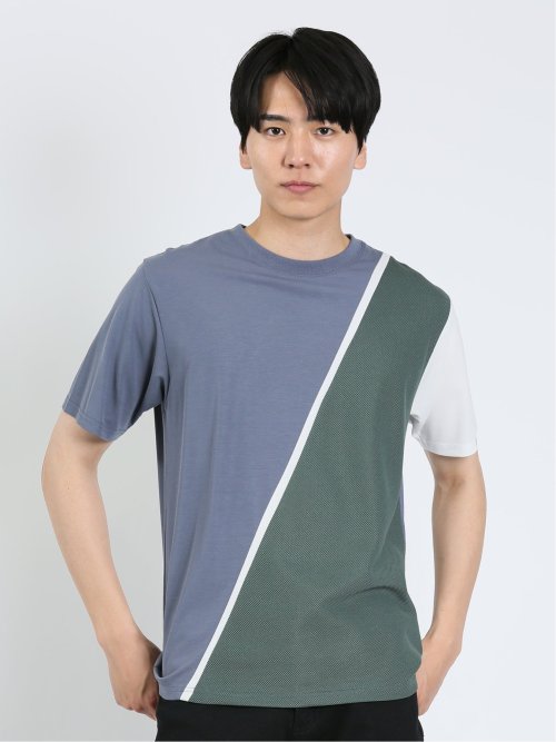 接触冷感 切替クルーネック半袖Tシャツ(M 73サックス): トップス