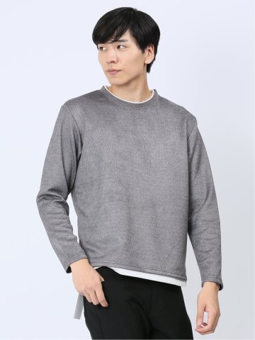 カットスエード フェイククルーネック長袖Tシャツ