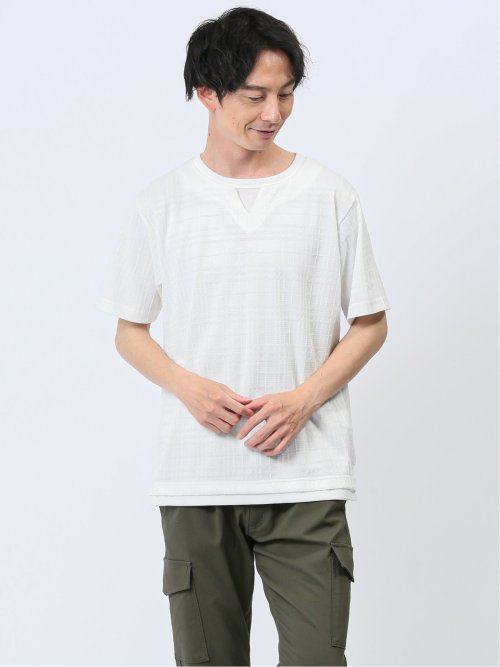 ふくれジャガード フェイクキーネック半袖Tシャツ