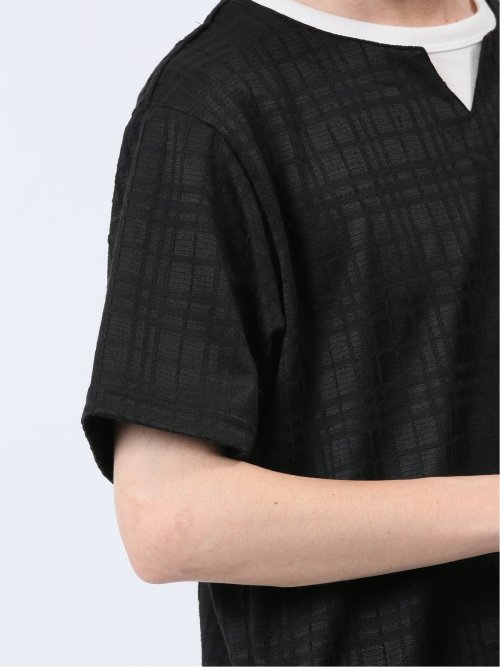 ふくれジャガード フェイクキーネック半袖Tシャツ