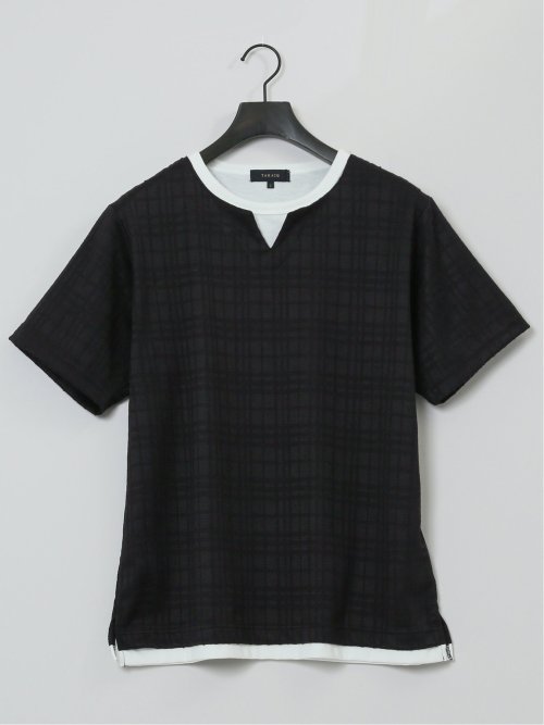 ふくれジャガード フェイクキーネック半袖Tシャツ