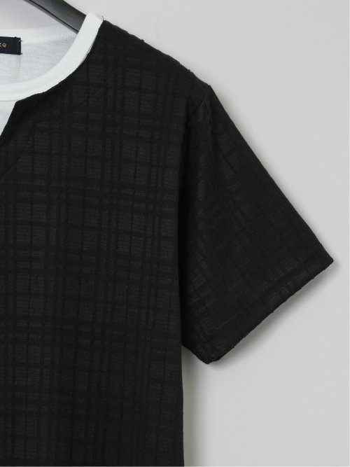 ふくれジャガード フェイクキーネック半袖Tシャツ