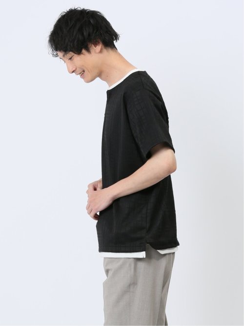 ふくれジャガード フェイクキーネック半袖Tシャツ