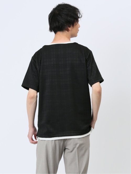 ふくれジャガード フェイクキーネック半袖Tシャツ