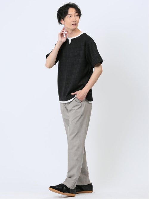 ふくれジャガード フェイクキーネック半袖Tシャツ