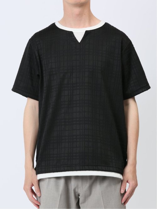 ふくれジャガード フェイクキーネック半袖Tシャツ